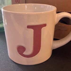 White Ceramic Monogram Mug Red Embossed Letter J Coffee Tea Cup Minimalist